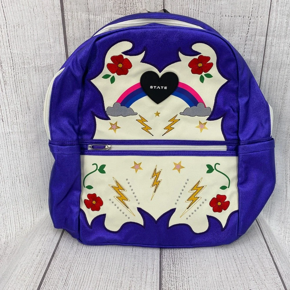 STATE Kane Kids Double Pocket Backpack Purple Metallic Cowgirl Rainbow Whimsical